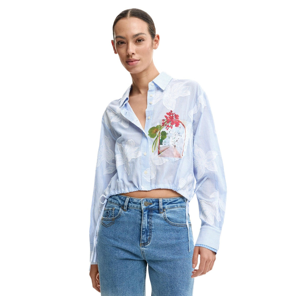 Desigual Camicia Donna Floreale Azzurro Cotone Puro Maniche Lunghe
