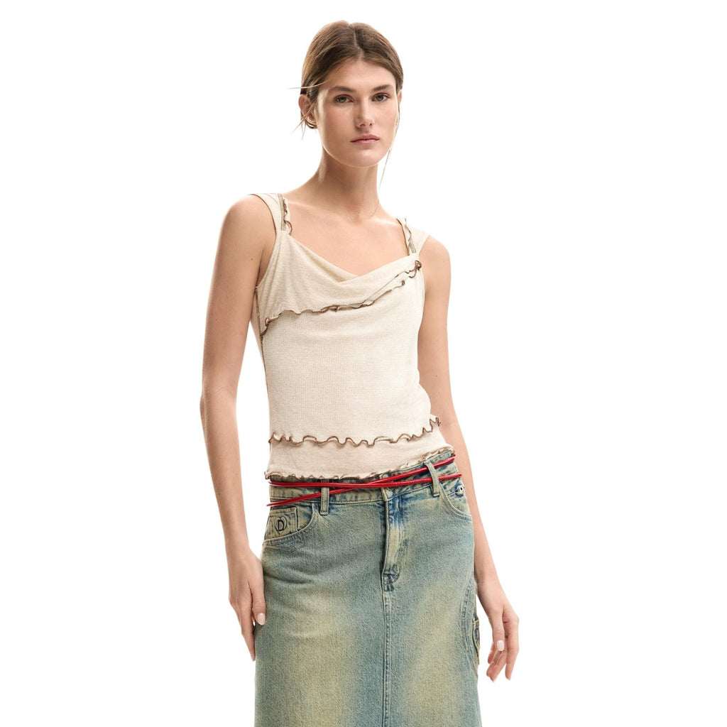 Desigual Top Donna Smanicato Scollo A V Beige Primavera Estate Viscosa Acrilico