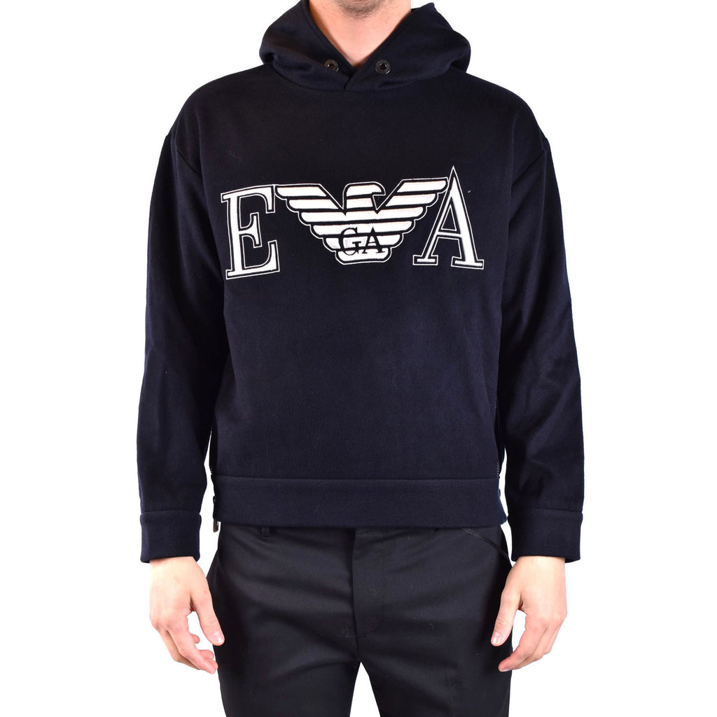 Emporio Armani Felpa Uomo Blu Con Cappuccio Stampa Misto Cashmere Lana