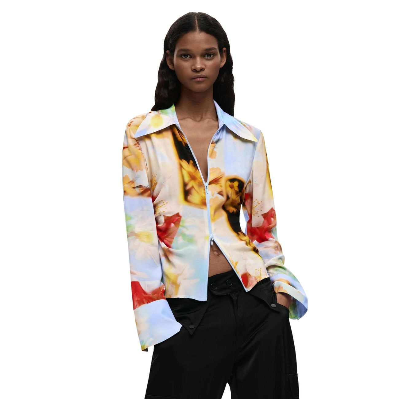Desigual Camicia Donna Gialla Floreale Manica Lunga Con Cerniera
