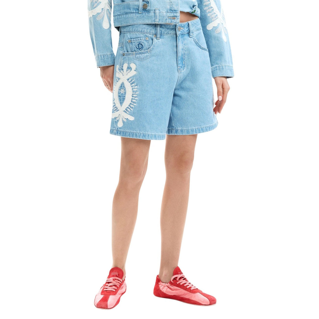 Desigual Shorts Donna Cotone Blu Primavera Estate Con Zip E Bottone