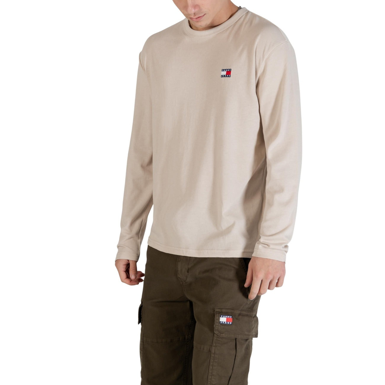 Tommy Hilfiger Jeans T Shirt Uomo Maniche Lunghe Beige Cotone Organico