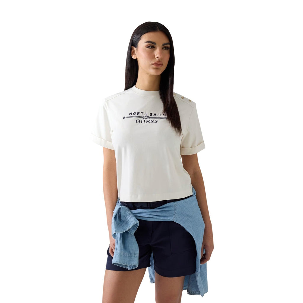Guess T Shirt Donna Bianco Logo Tee Cotone Elastan Primavera Estate