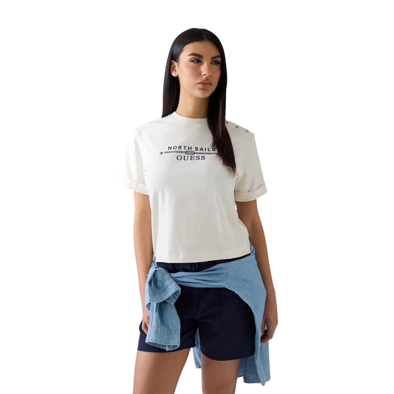 Guess T Shirt Donna Bianco Logo Tee Cotone Elastan Primavera Estate