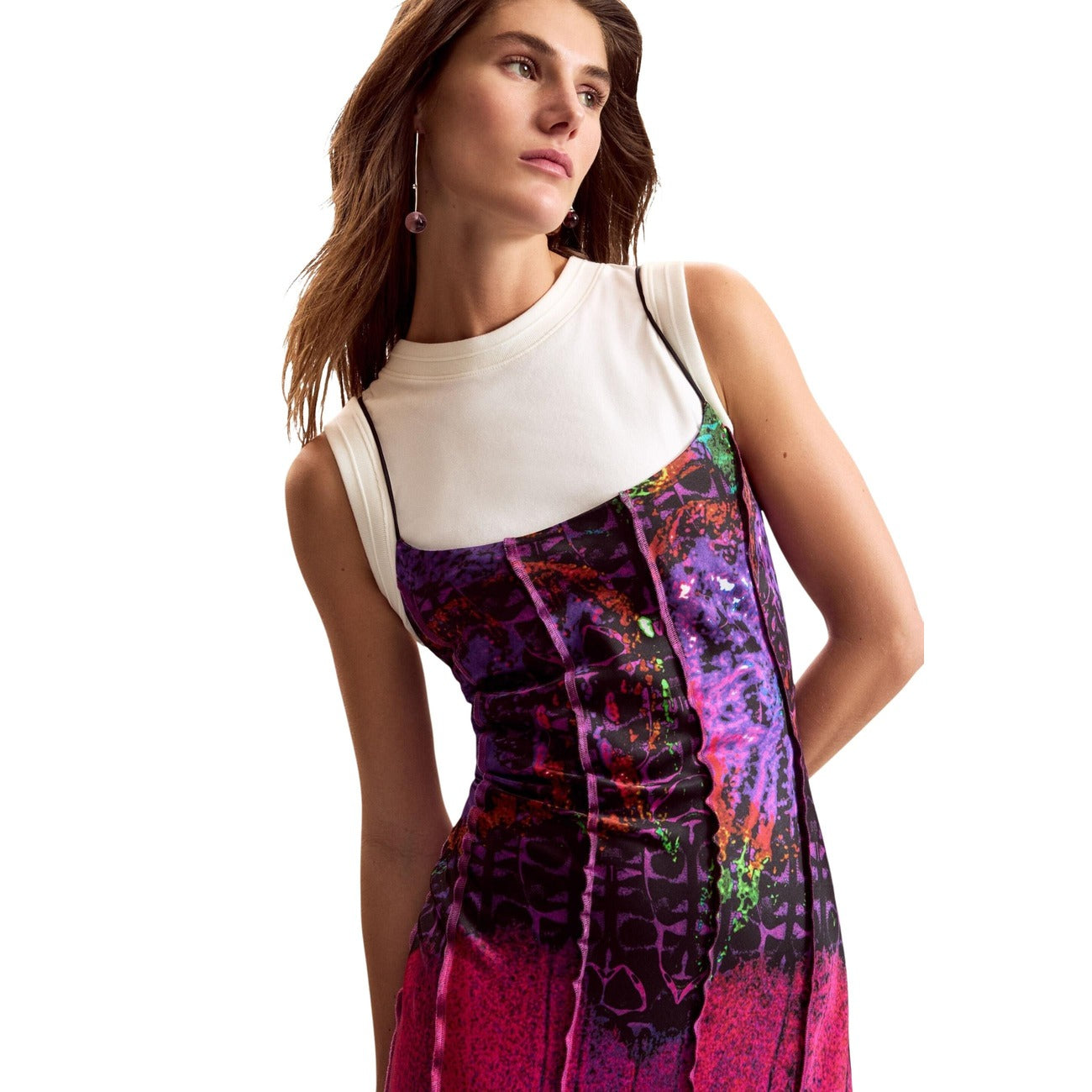 Desigual Abito Donna Fuxia Stampa Viscosa Spalline Primavera Estate