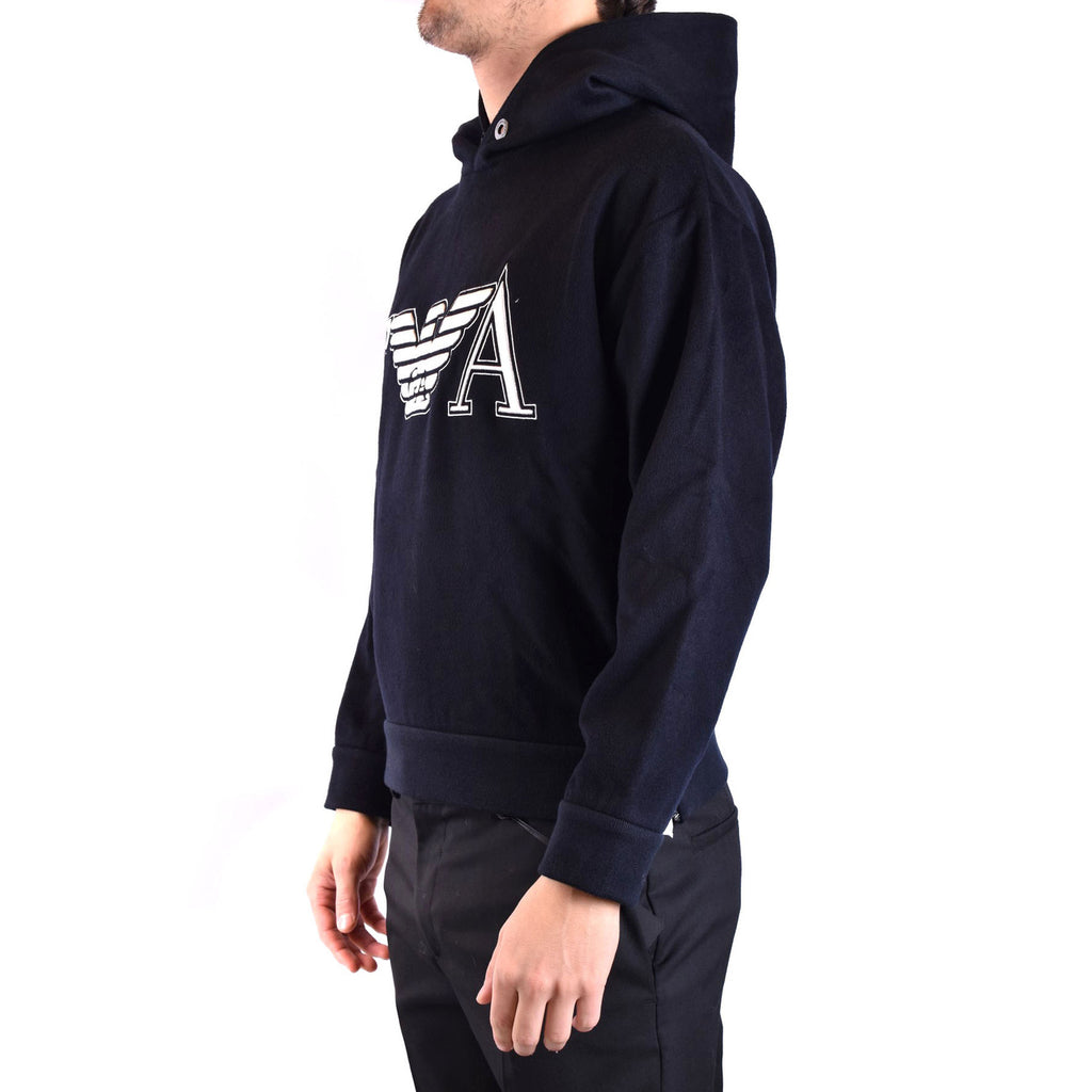Emporio Armani Felpa Uomo Blu Con Cappuccio Stampa Misto Cashmere Lana