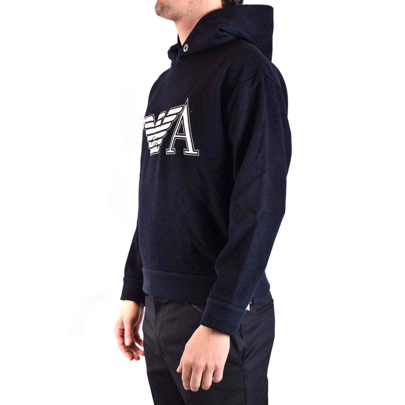Emporio Armani Felpa Uomo Blu Con Cappuccio Stampa Misto Cashmere Lana