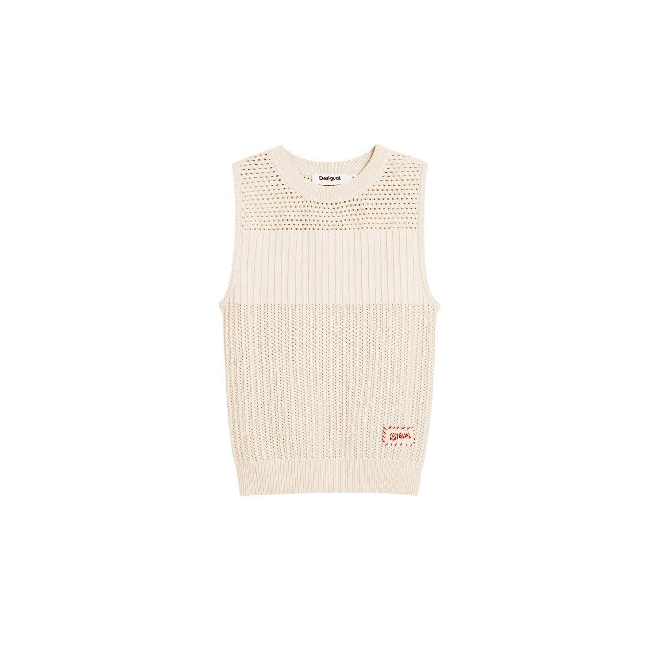 Desigual Top Donna Beige Smanicato Girocollo Cotone Poliammide