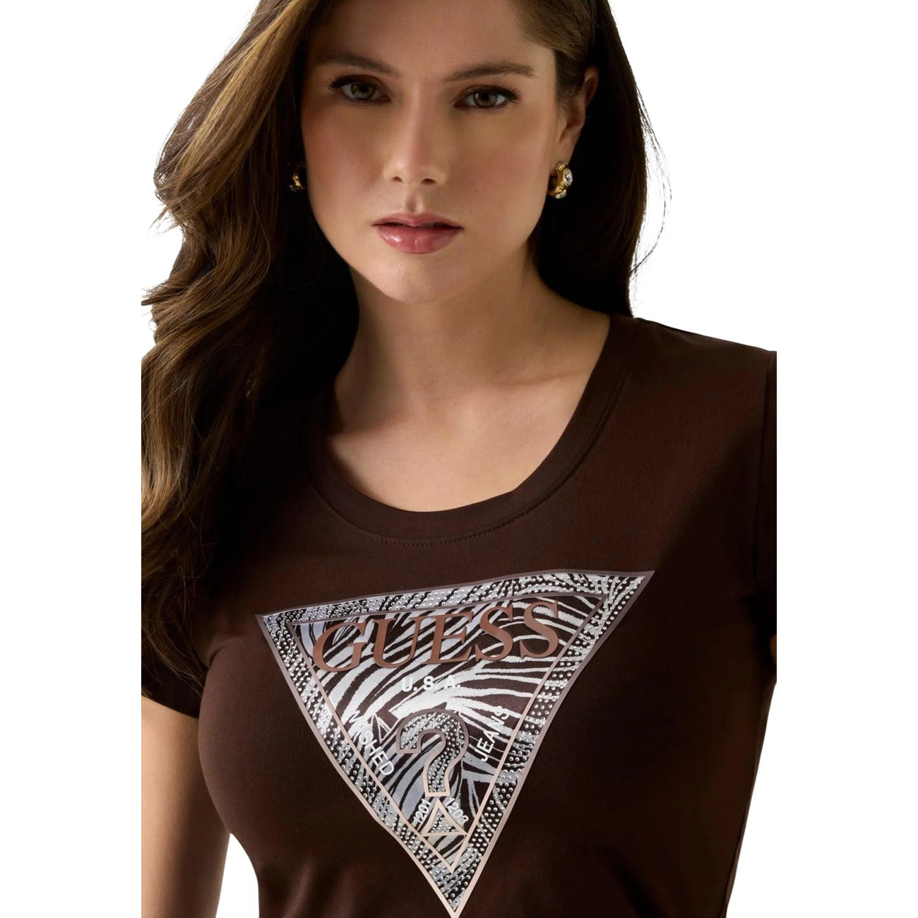 Guess T Shirt Donna Marrone Con Stampa E Strass Scollo Tondo Cotone 95