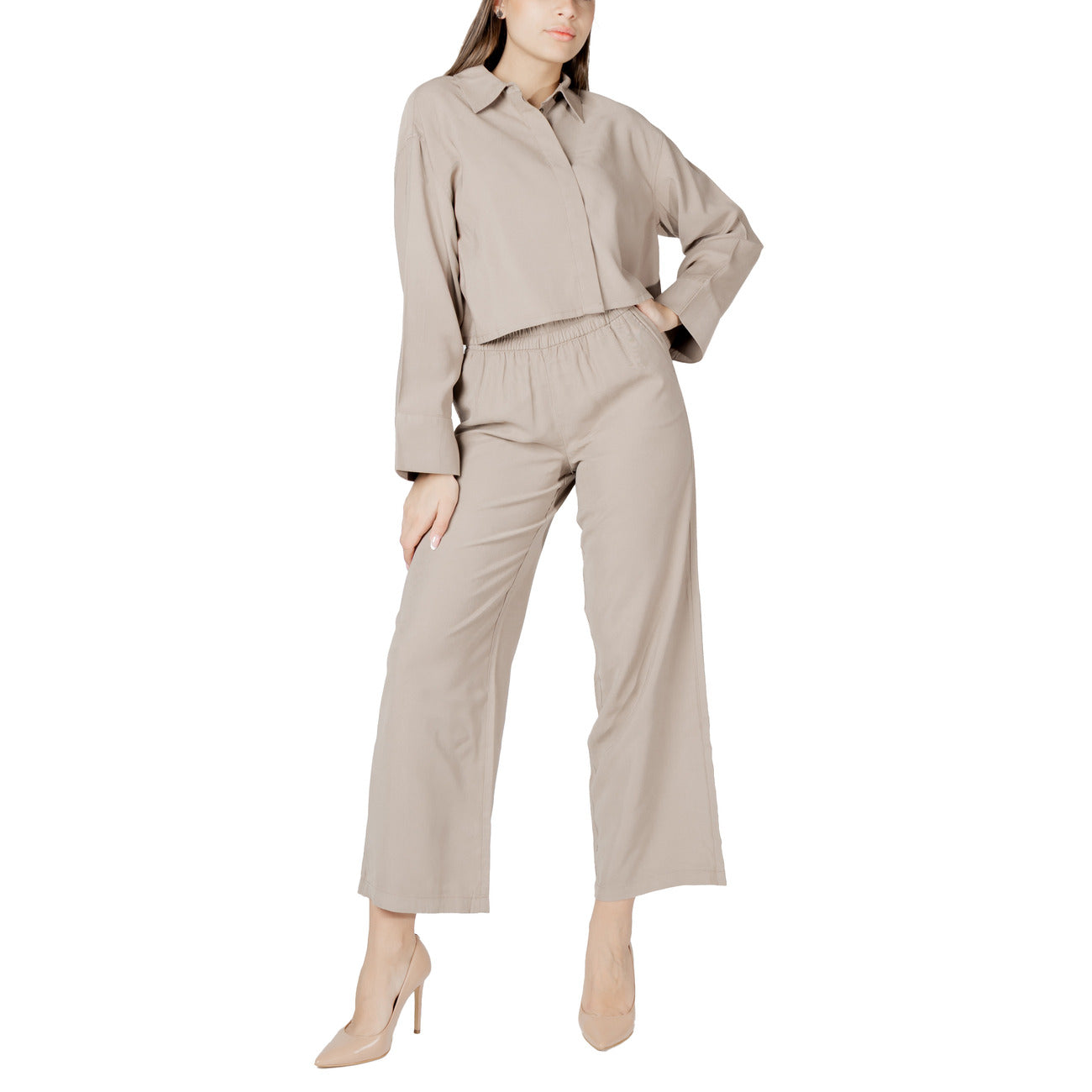 Only Blouse Donna Beige Maniche Lunghe Colletto Classico Viscosa