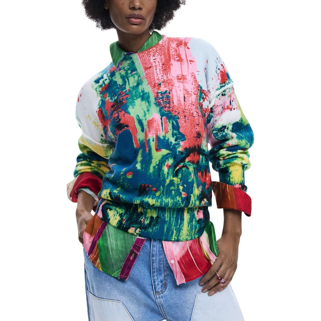 Desigual Maglia Donna Verde Stampa Maniche Lunghe Primavera Estate