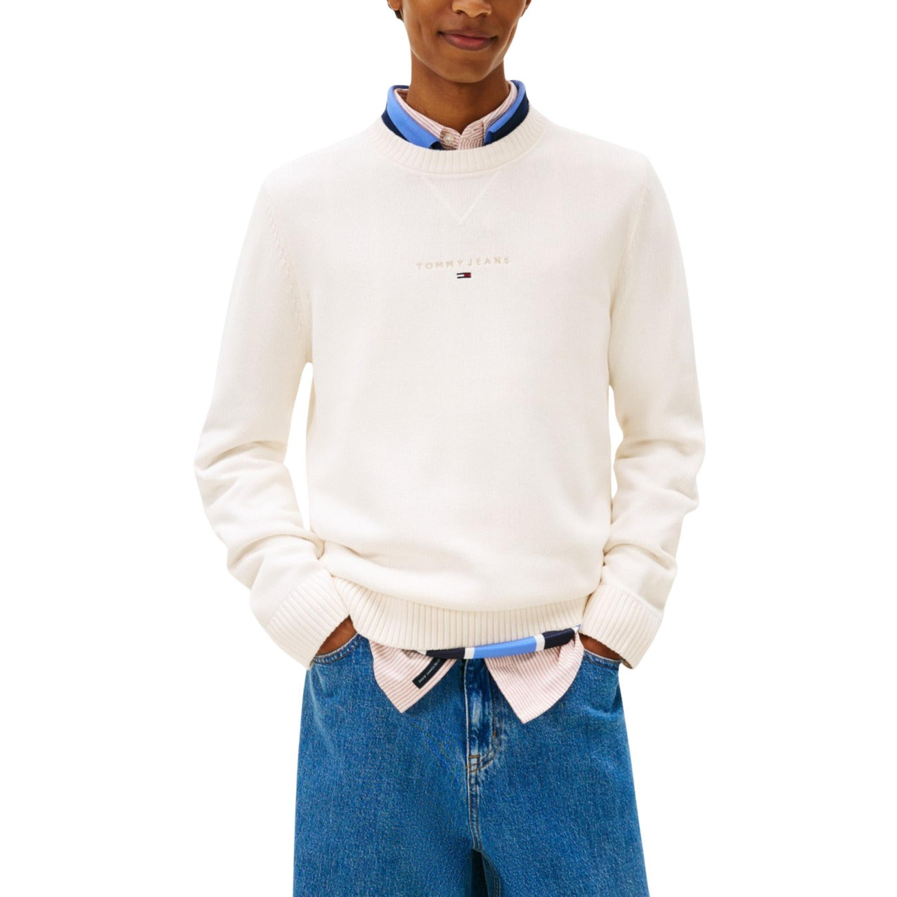 Tommy Hilfiger Jeans Maglia Uomo Cotone Organico Beige Maniche Lunghe