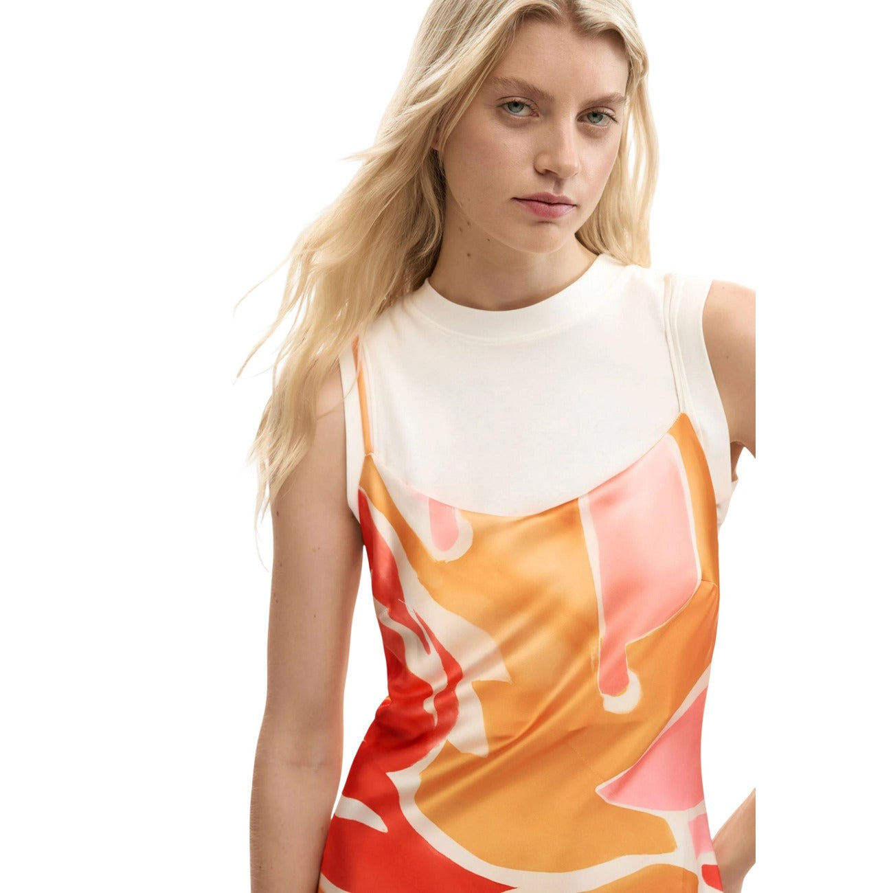 Desigual Abito Donna Smanicato Arancione Fantasia Scollo Tondo