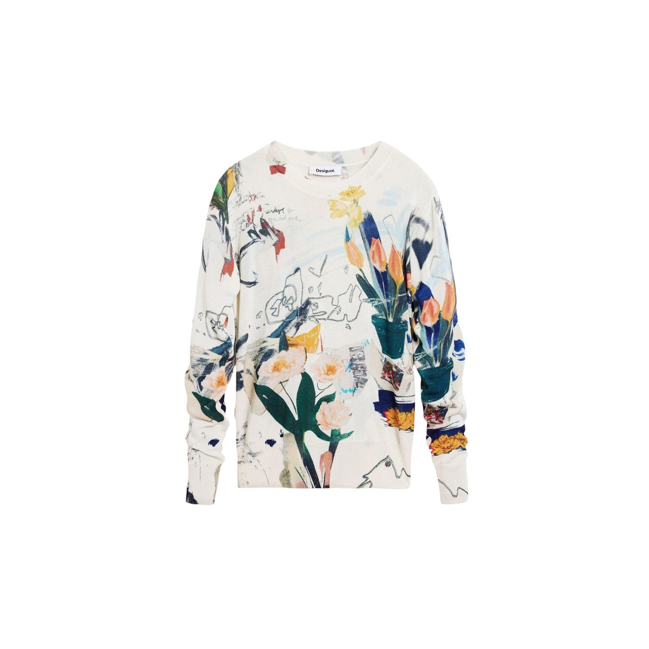 Desigual Maglia Donna Beige Stampa Maniche Lunghe Scollo Tondo Primavera Estate