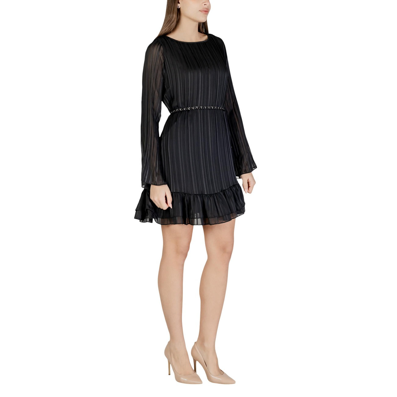 Guess Abito Donna Ilenia Plissettato Nero Maniche Lunghe Scollo Tondo