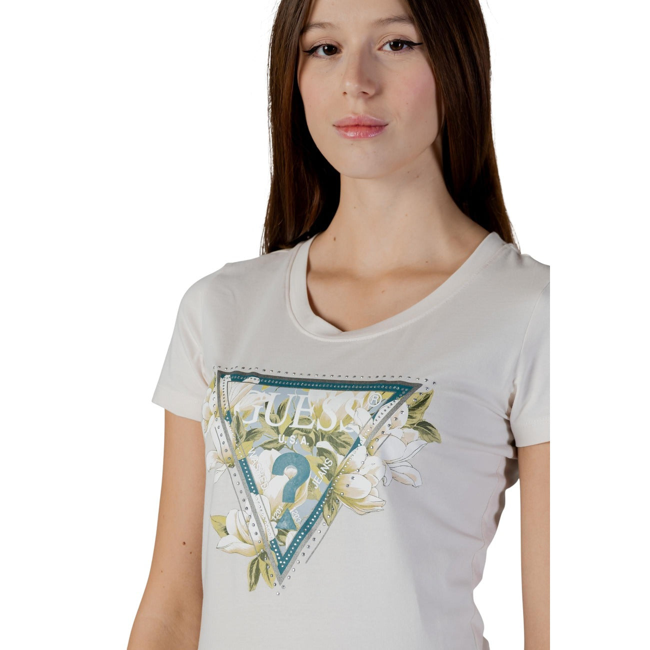 Guess T Shirt Donna Beige Stampa Triangle Strass Cotone 95 Primavera Estate