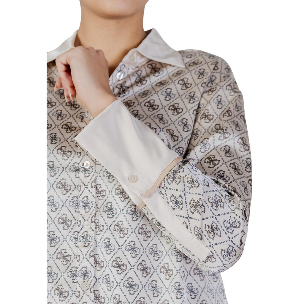 Guess Camicia Donna Beige Stampa Maniche Lunghe Colletto Primavera Estate