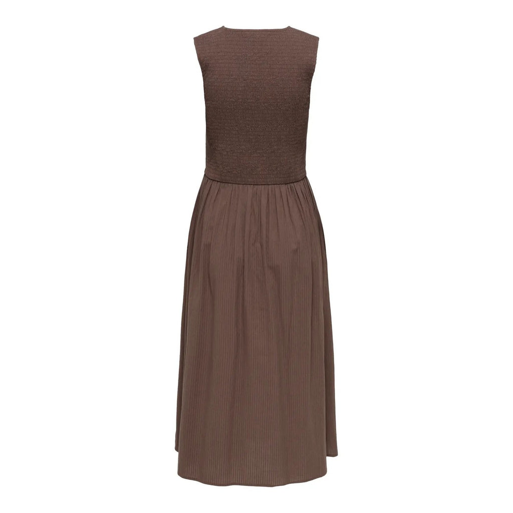 Only Abito Donna Cotone Smanicato Scollo A V Marrone Primavera Estate
