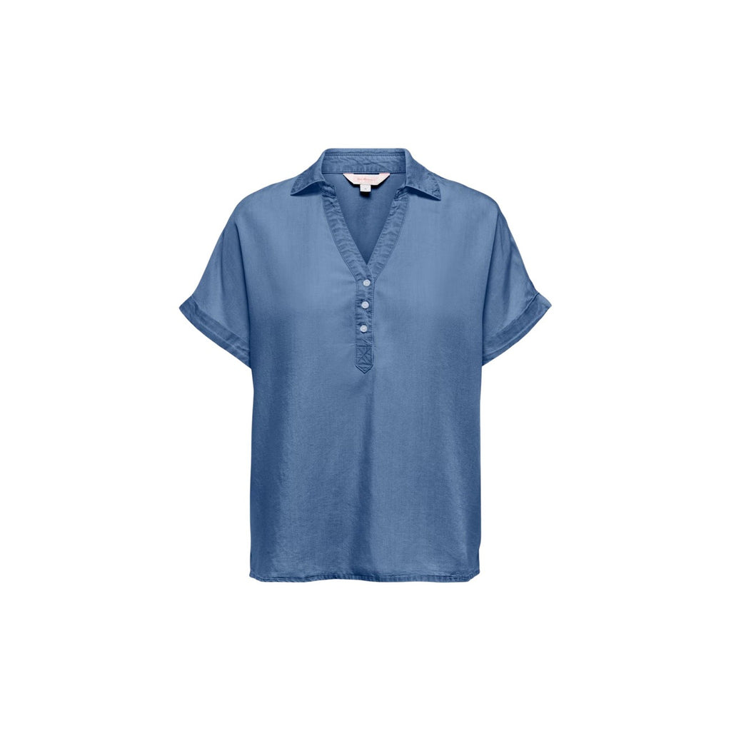 Only Blusa Donna Blu Maniche Corte In Lyocell 100 Percento Primavera Estate