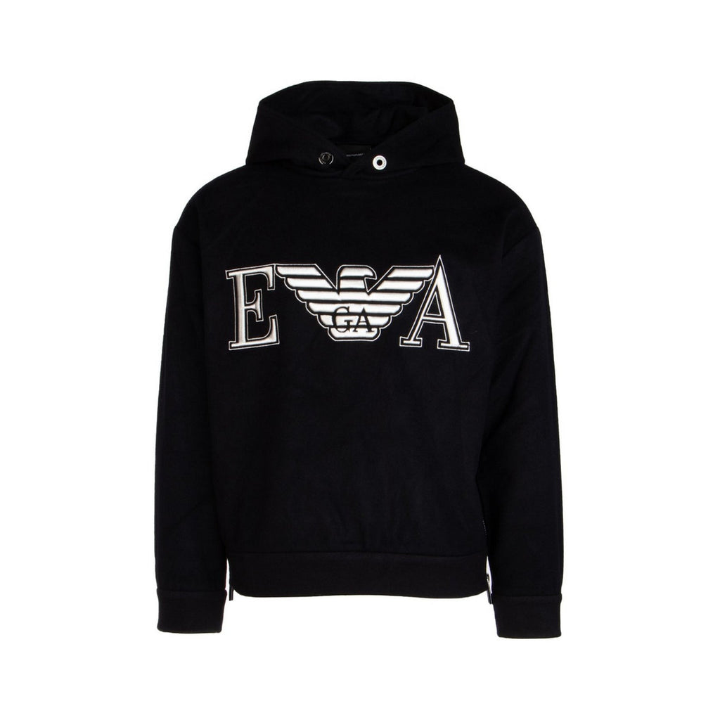 Emporio Armani Felpa Uomo Blu Con Cappuccio Stampa Misto Cashmere Lana