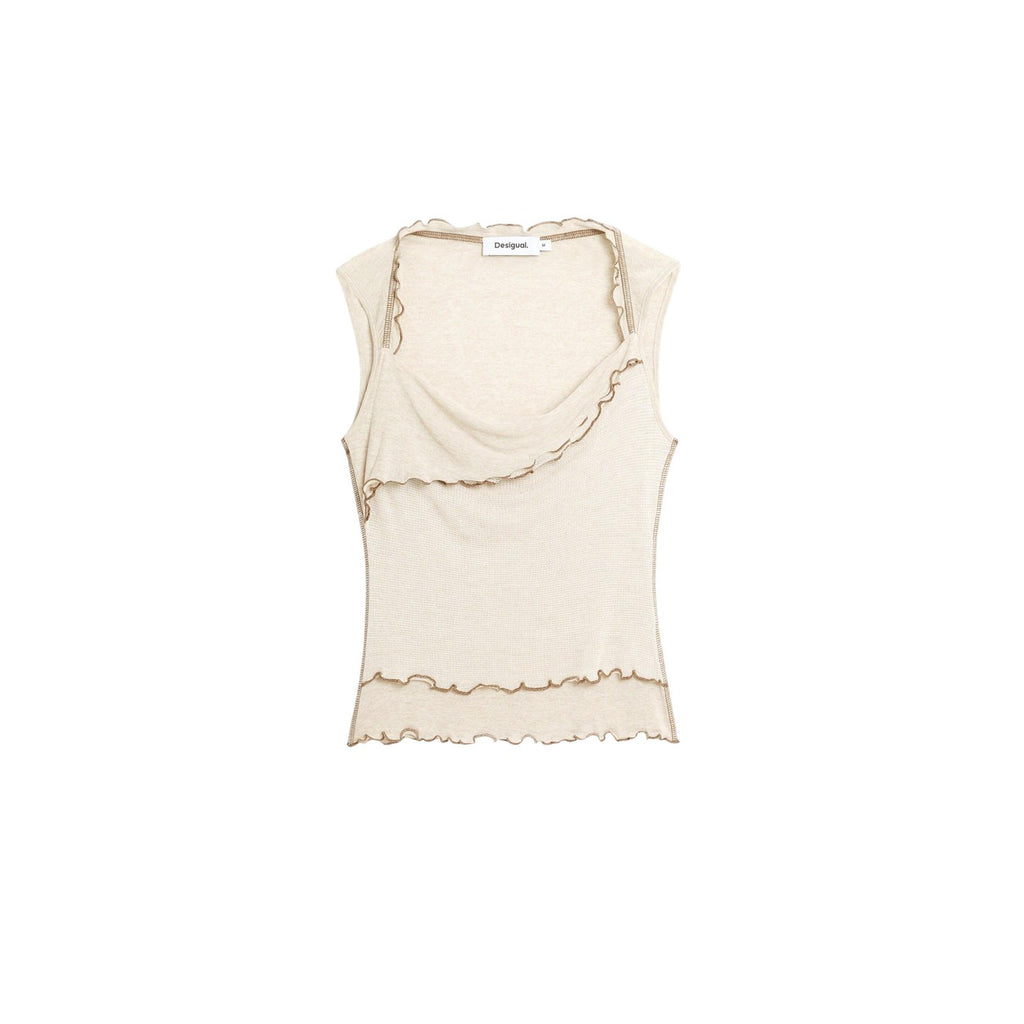 Desigual Top Donna Smanicato Scollo A V Beige Primavera Estate Viscosa Acrilico