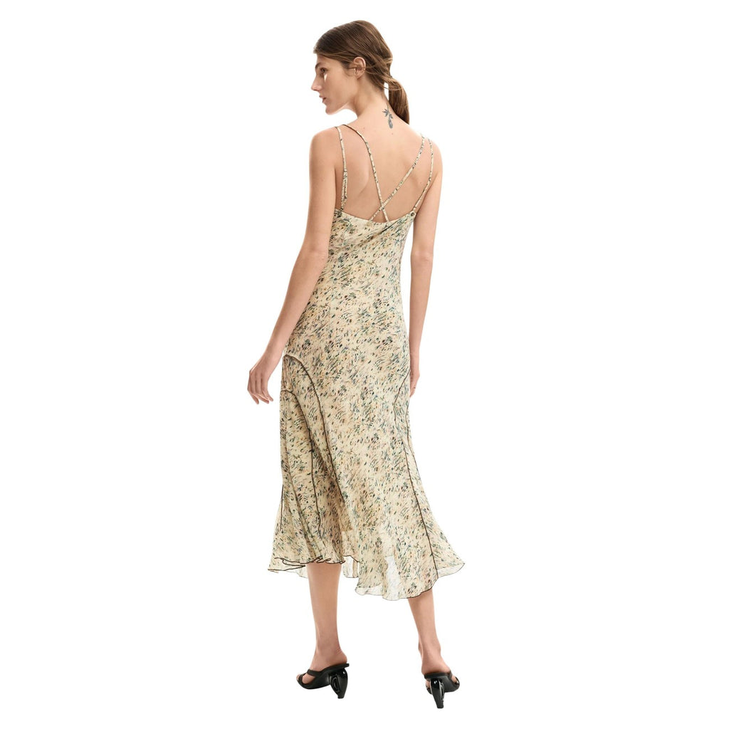 Desigual Abito Donna Beige Scollo A V Spalline Primavera Estate