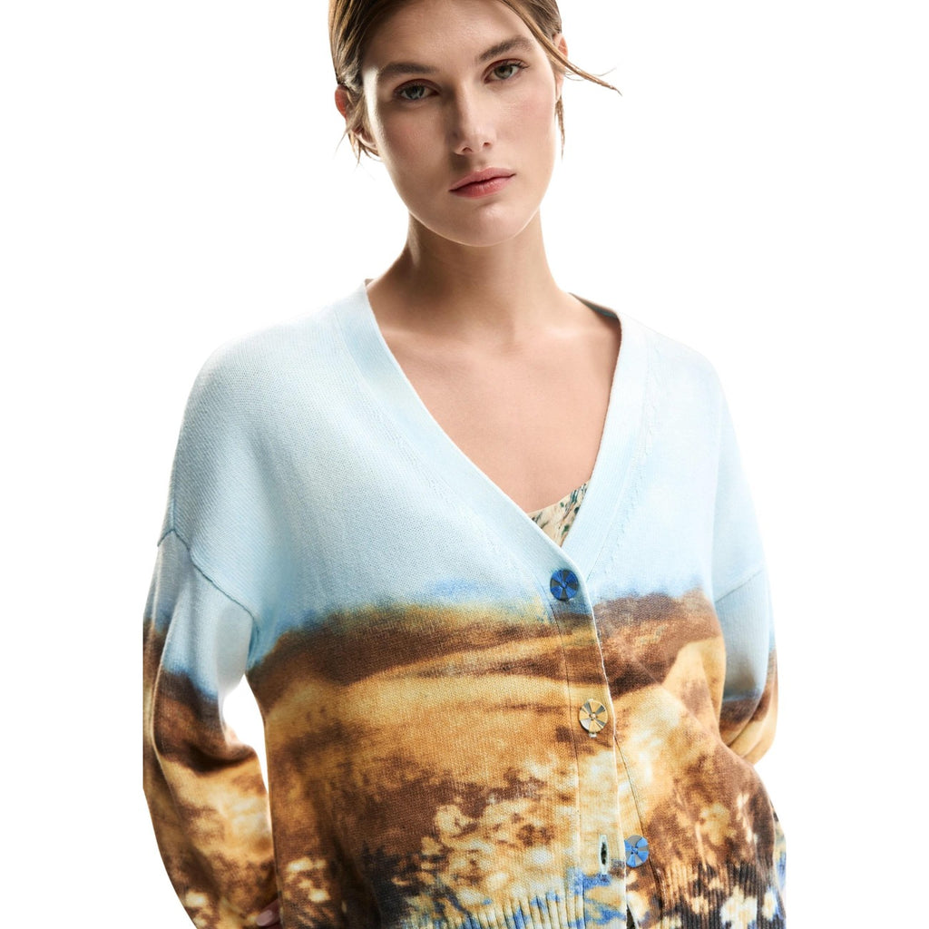 Desigual Cardigan Donna Azzurro Cotone Stampa Bottoni Primavera