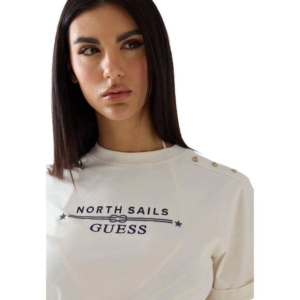 Guess T Shirt Donna Bianco Logo Tee Cotone Elastan Primavera Estate