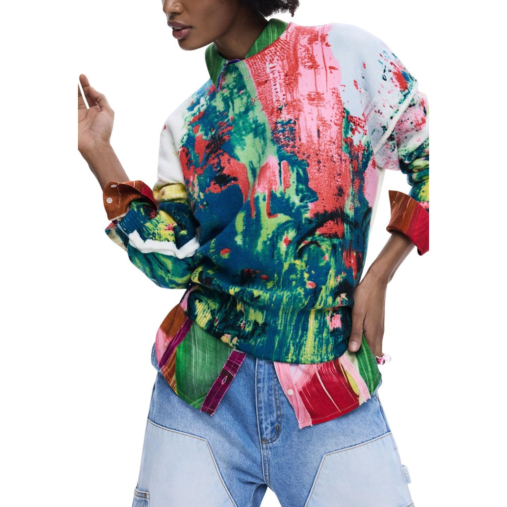 Desigual Maglia Donna Verde Stampa Maniche Lunghe Primavera Estate