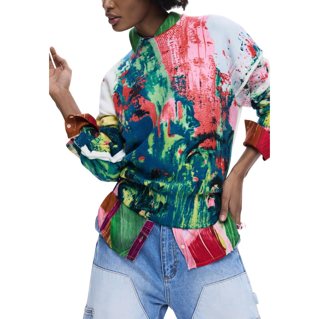 Desigual Maglia Donna Verde Stampa Maniche Lunghe Primavera Estate
