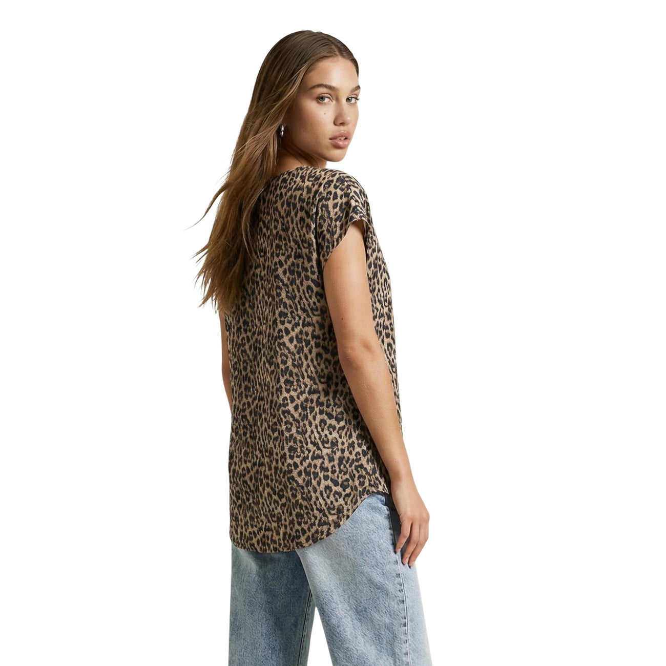Only Blusa Donna Viscosa Marrone Maculata Maniche Corte Scollo Tondo
