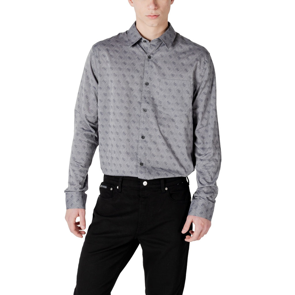 Guess Camicia Uomo Grigia Stampa Maniche Lunghe Colletto Classico