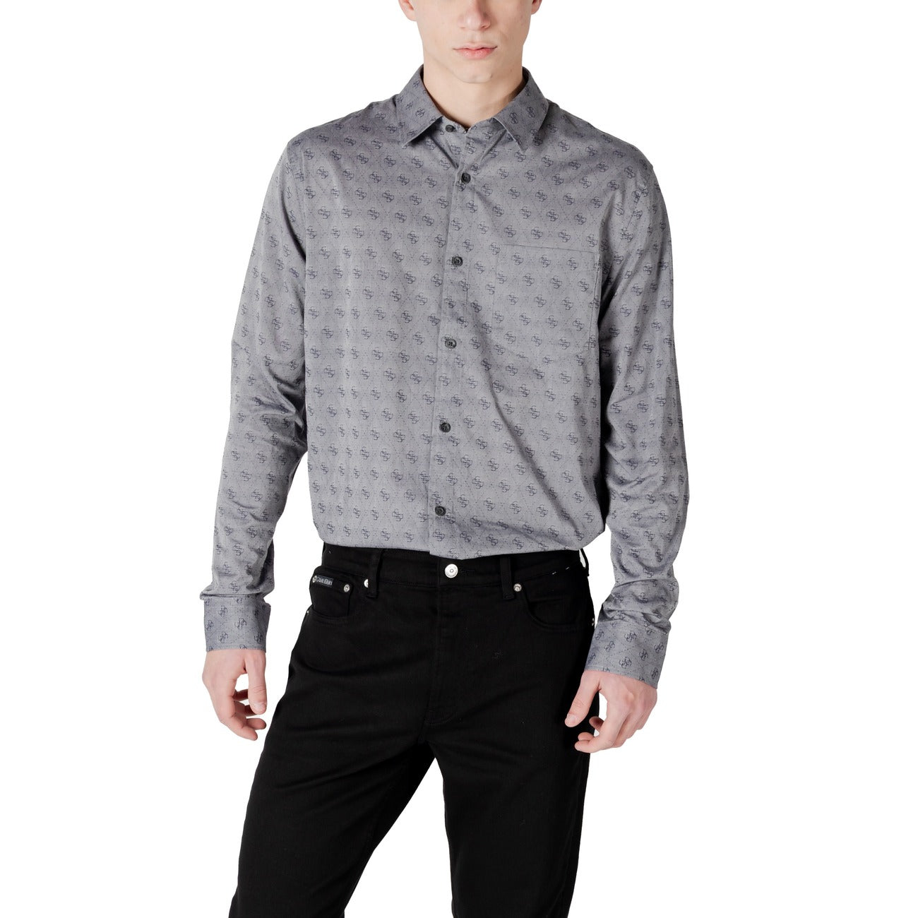 Guess Camicia Uomo Grigia Stampa Maniche Lunghe Colletto Classico