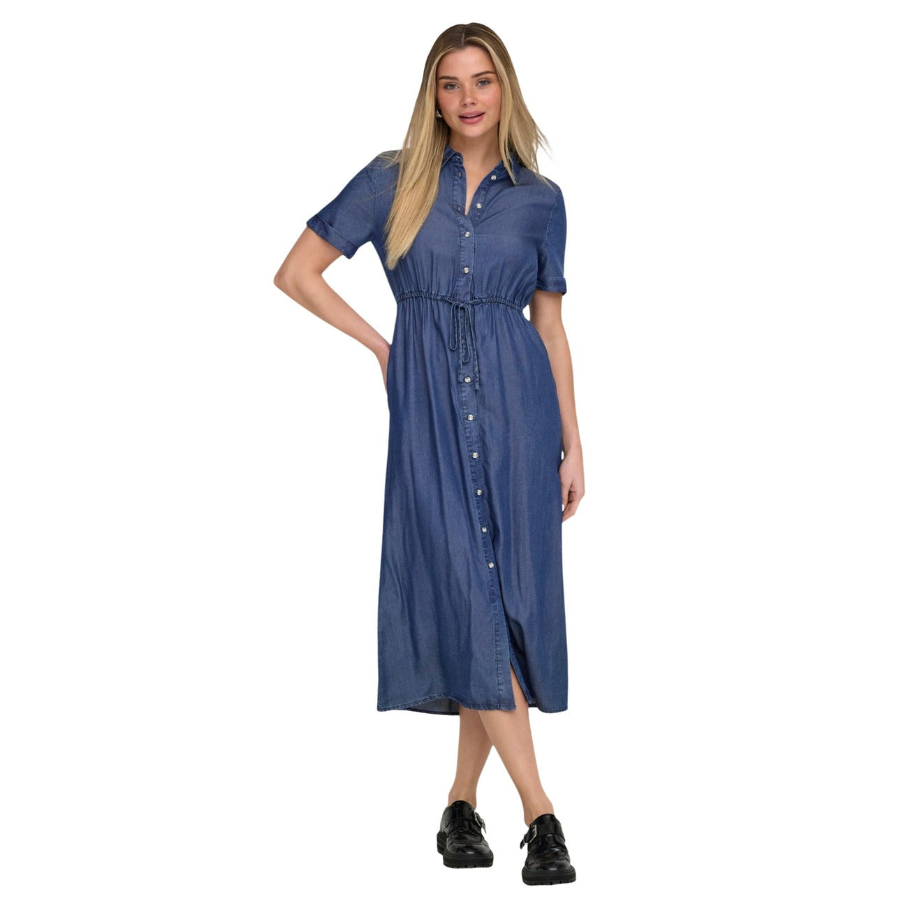 Only Abito Midi Blu Donna Con Cintura Bottoni Maniche Corte