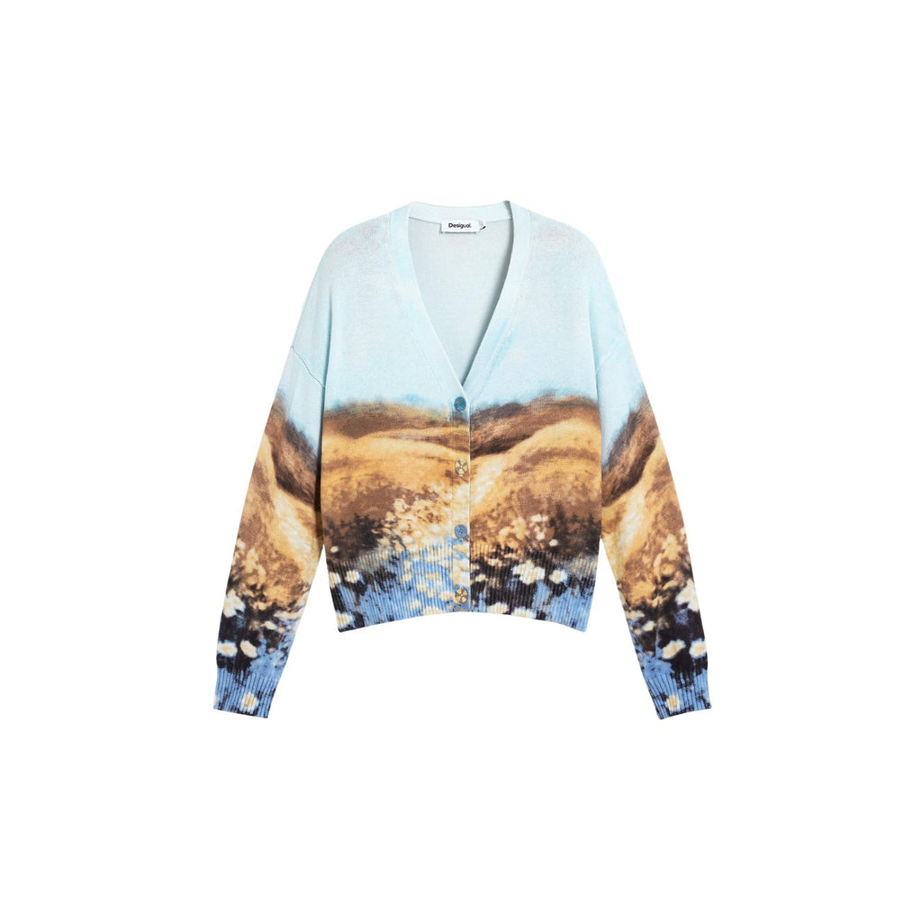 Desigual Cardigan Donna Azzurro Cotone Stampa Bottoni Primavera