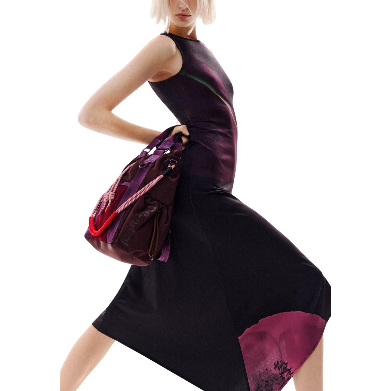 Desigual Abito Donna Nero Fantasia Floreale Smanicato Scollo Tondo Estate