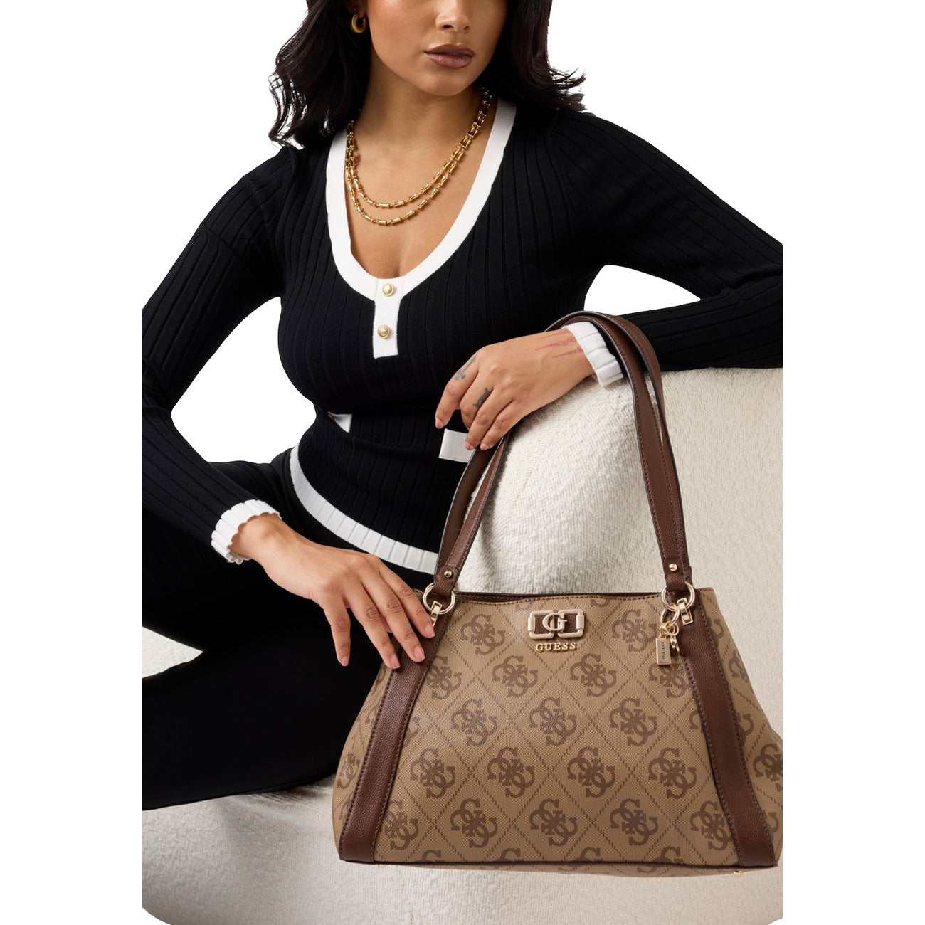 Guess Borsa Donna Beige A Mano 38x25x13 In Poliuretano