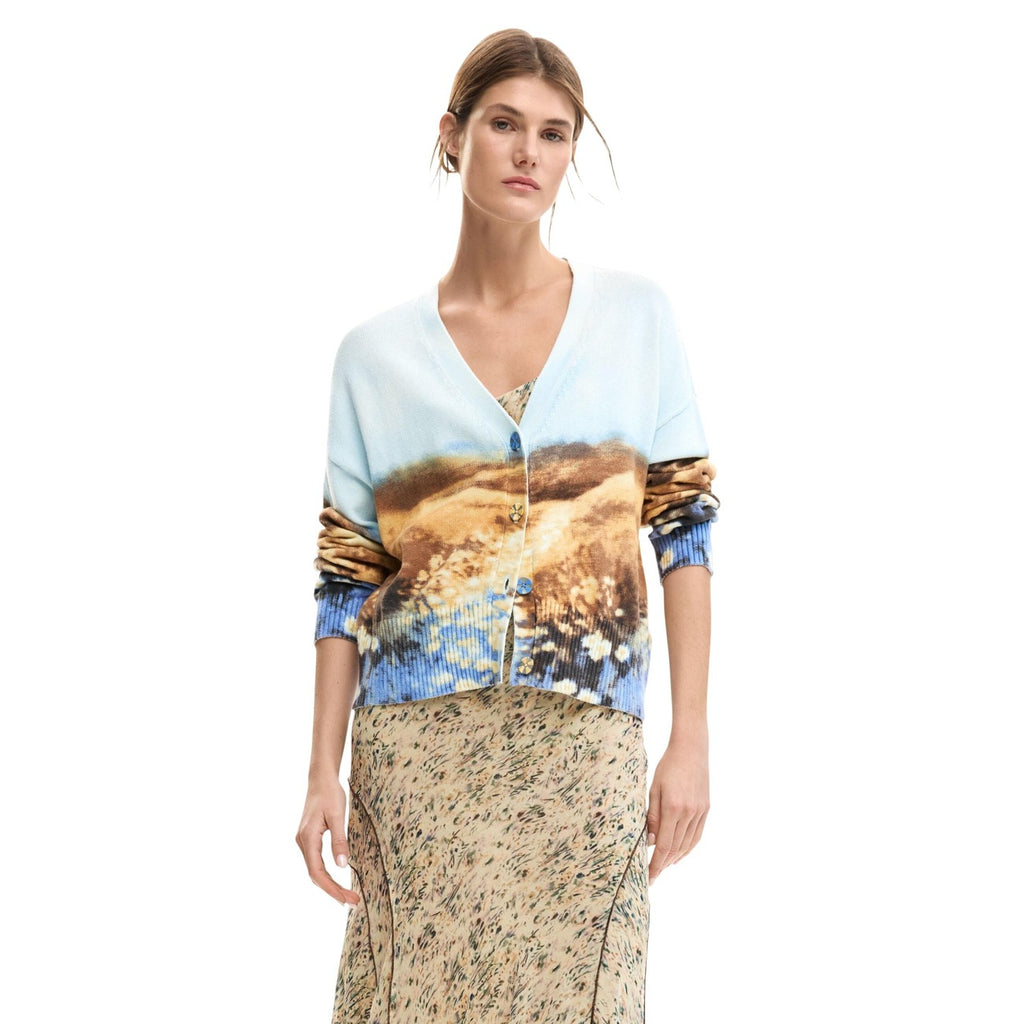 Desigual Cardigan Donna Azzurro Cotone Stampa Bottoni Primavera
