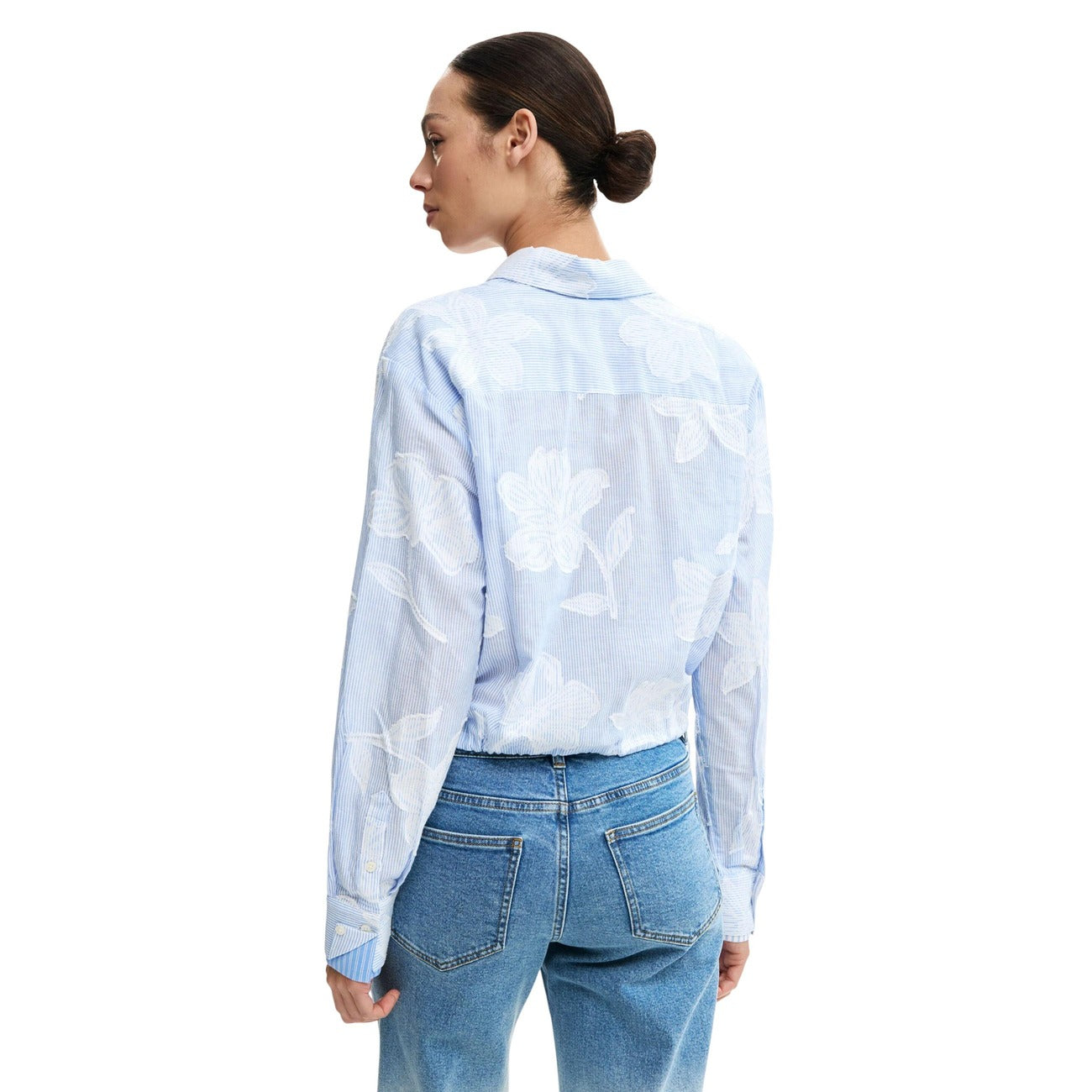 Desigual Camicia Donna Floreale Azzurro Cotone Puro Maniche Lunghe