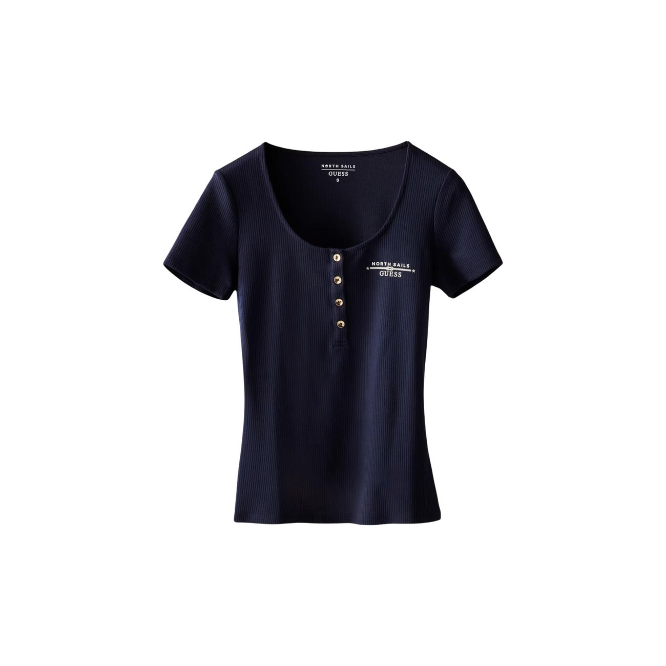 Guess T Shirt Donna Blu Maniche Corte Scollo Tondo Con Bottoni