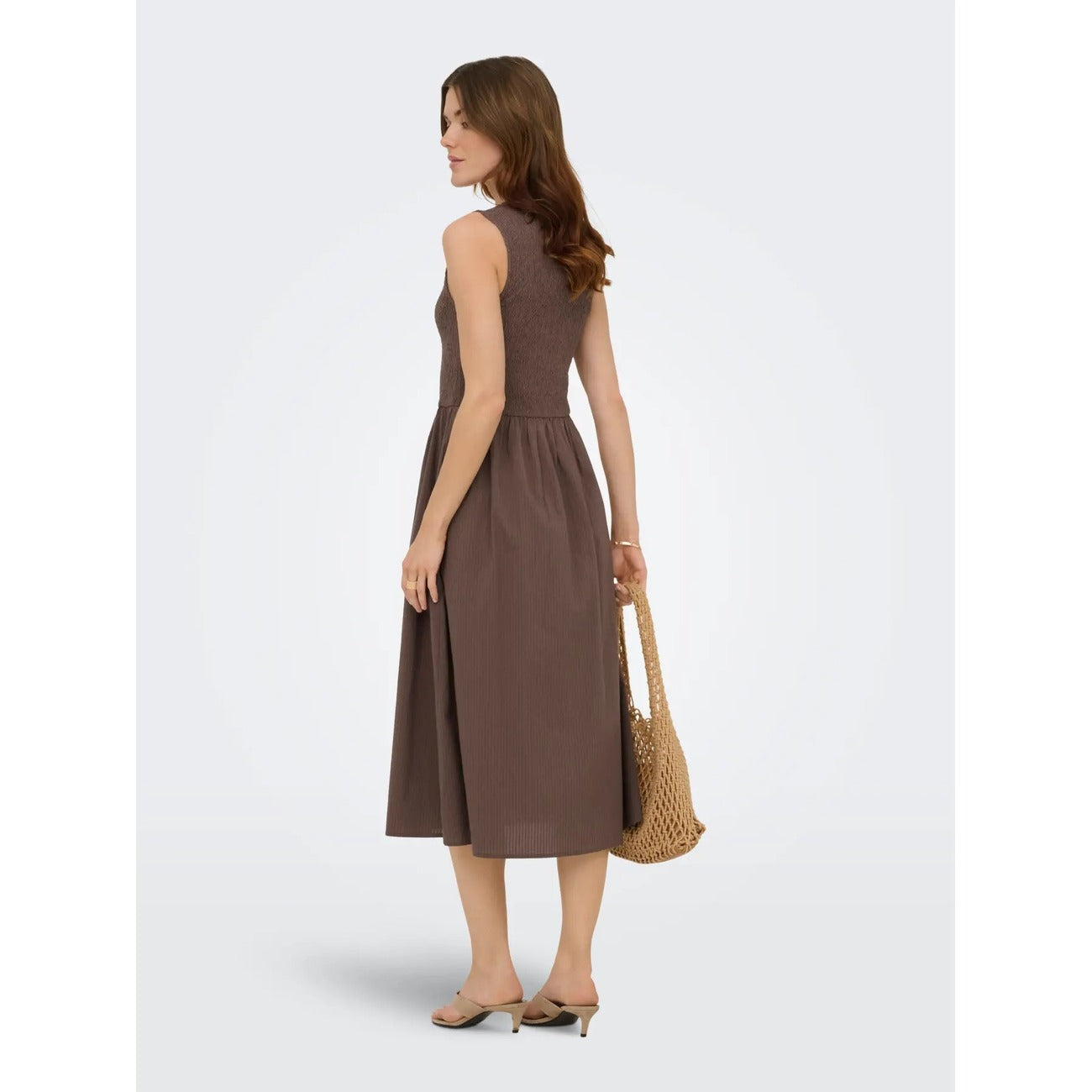 Only Abito Donna Cotone Smanicato Scollo A V Marrone Primavera Estate