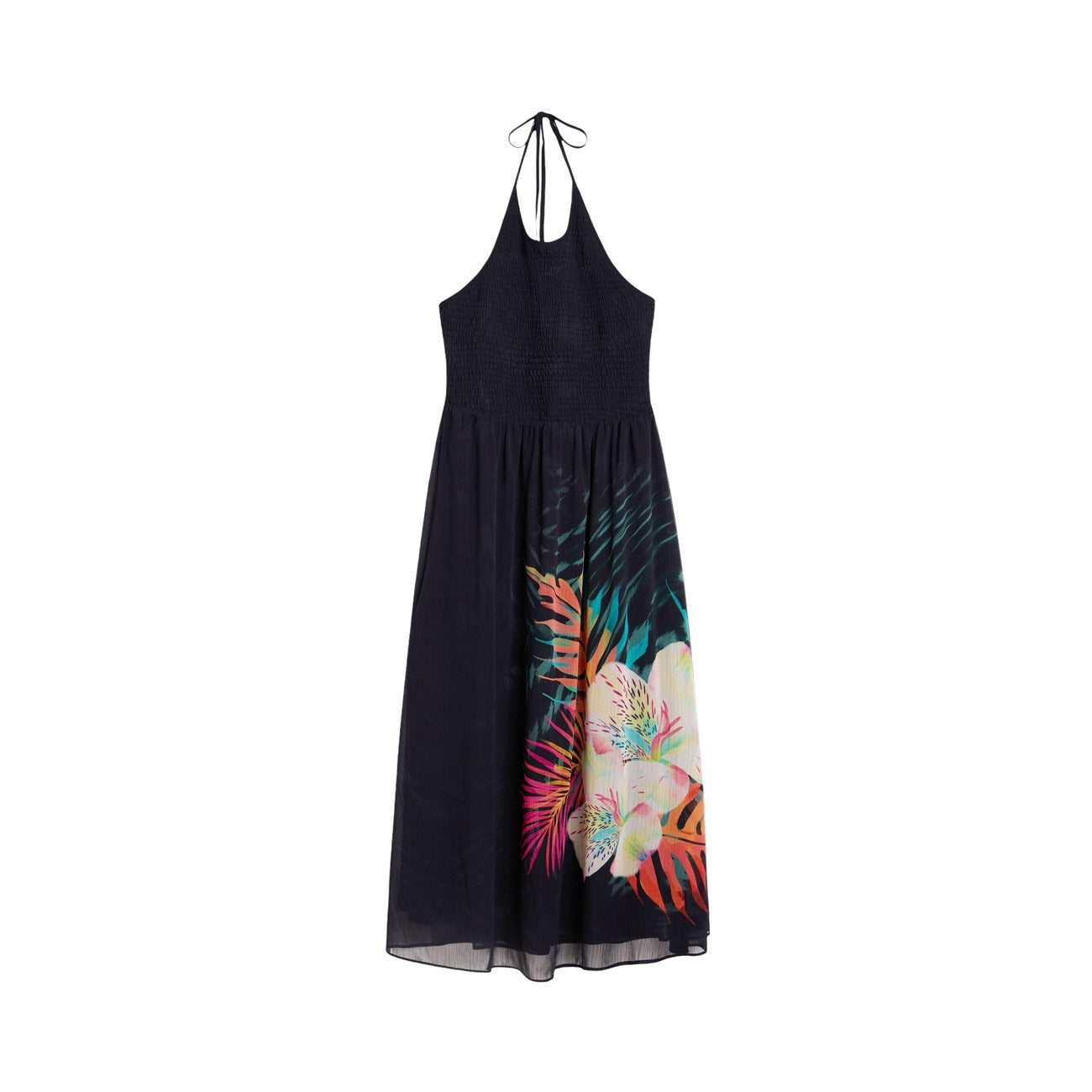 Desigual Abito Nero Floreale Viscosa Scollo Tondo Spalline Primavera Estate