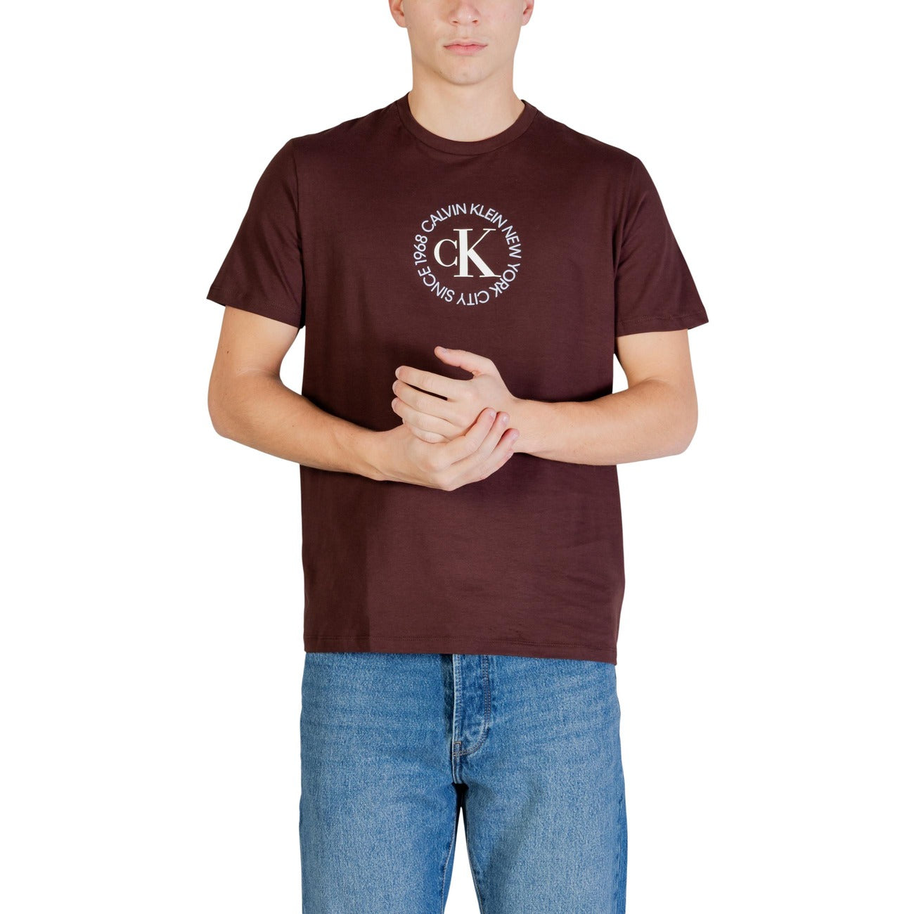 Calvin Klein Jeans T Shirt Uomo Cotone Puro Marrone Stampa