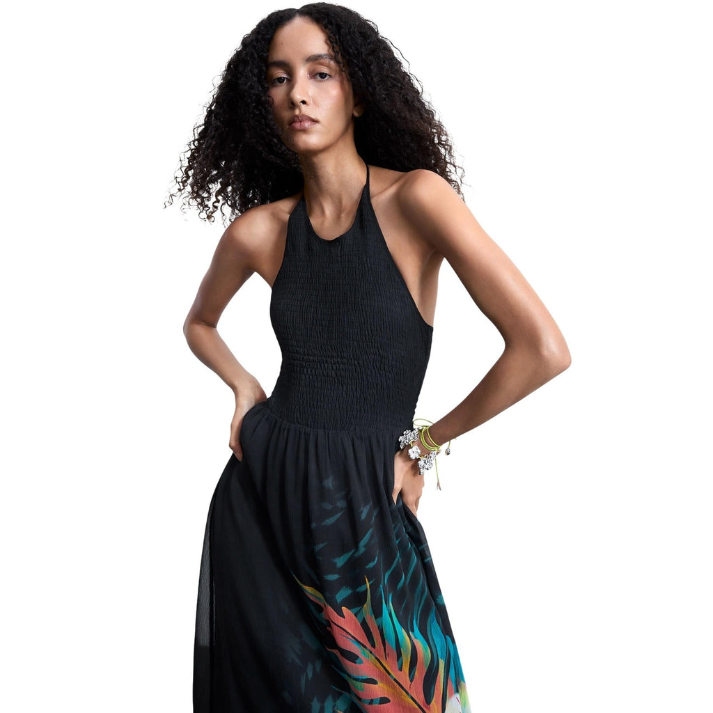 Desigual Abito Nero Floreale Viscosa Scollo Tondo Spalline Primavera Estate