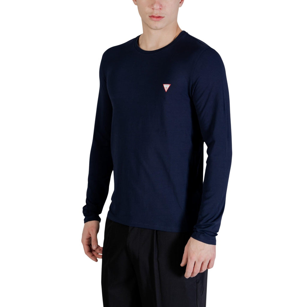 Guess T Shirt Uomo Maniche Lunghe Blu Girocollo Cotone Elastan