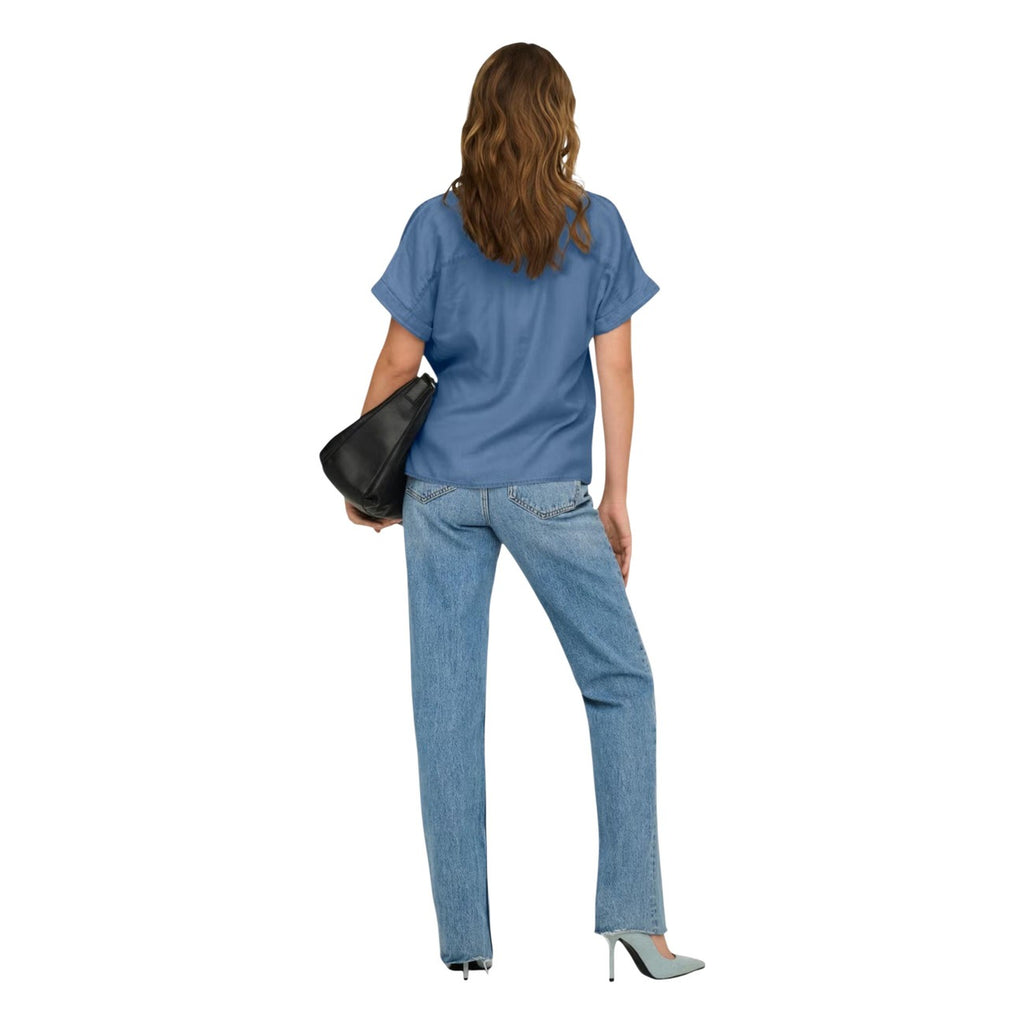 Only Blusa Donna Blu Maniche Corte In Lyocell 100 Percento Primavera Estate