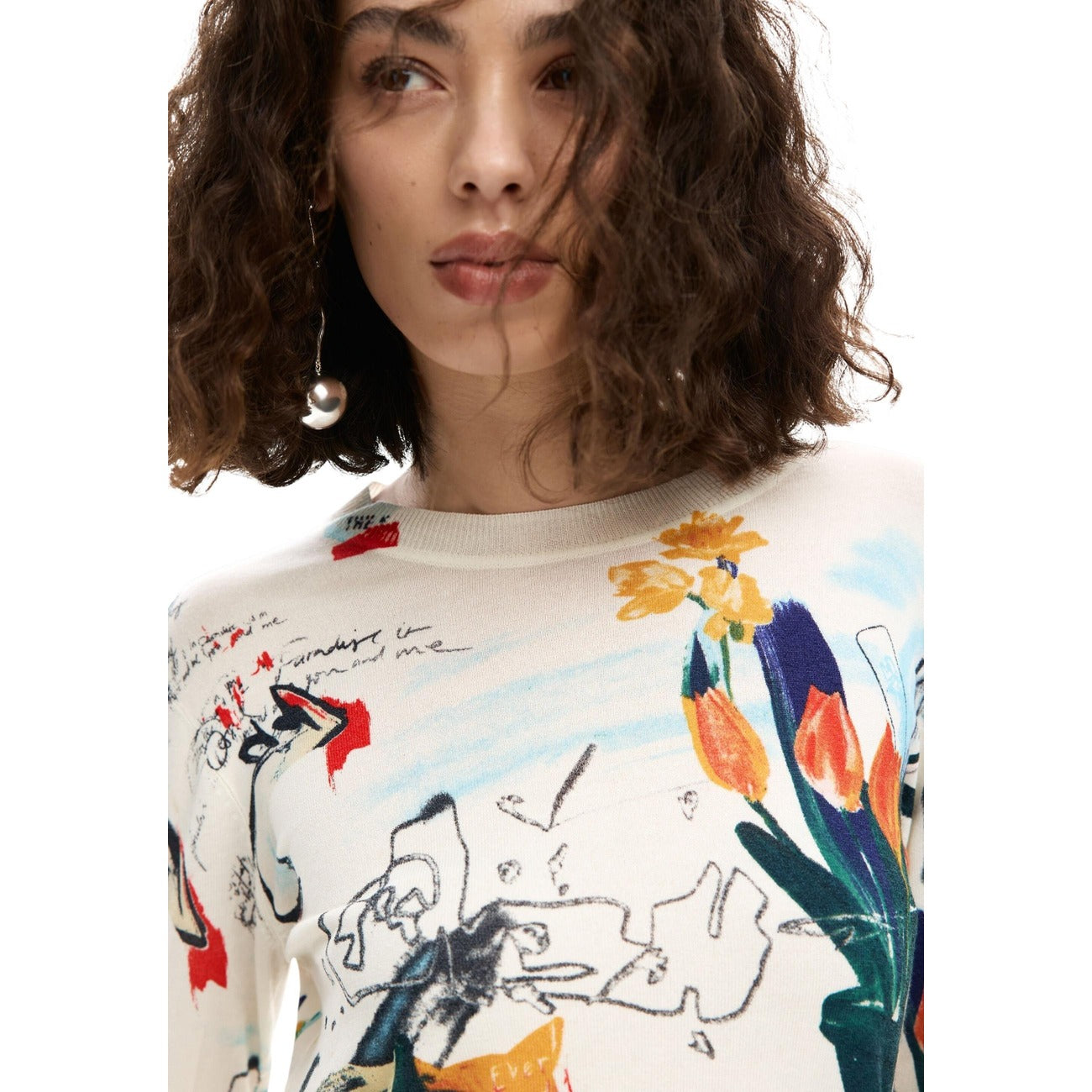 Desigual Maglia Donna Beige Stampa Maniche Lunghe Scollo Tondo Primavera Estate