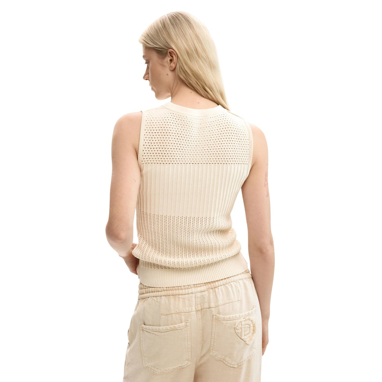 Desigual Top Donna Beige Smanicato Girocollo Cotone Poliammide