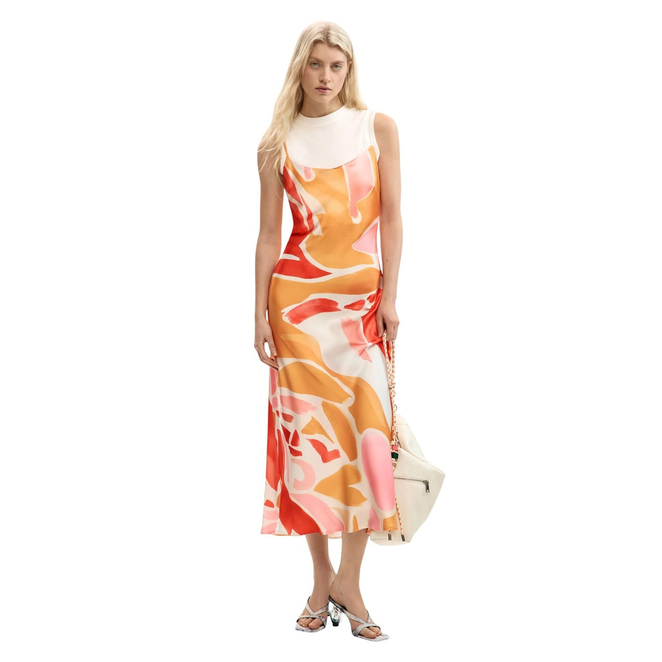 Desigual Abito Donna Smanicato Arancione Fantasia Scollo Tondo