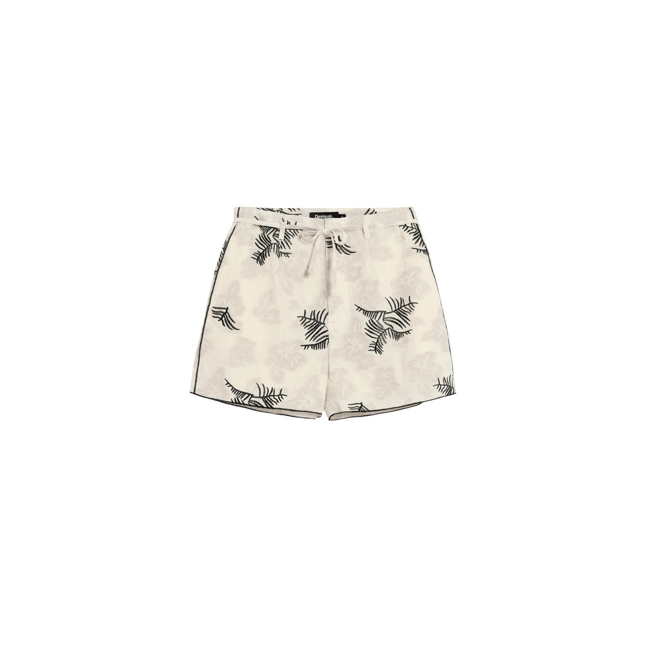 Desigual Shorts Donna Beige Stampa Cotone Lino Tasche Lacci